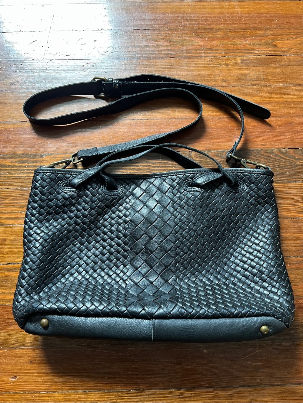 Woven Shoulder Bag in Black with Adjustable Strap